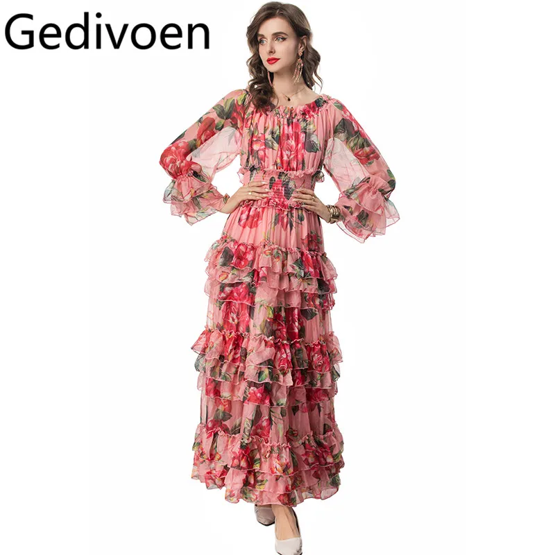

Gedivoen Summer Fashion Runway Designer Dresses Women's Chiffon Floral Print Bohemian Cascading Ruffle Elastic Waist Dresses