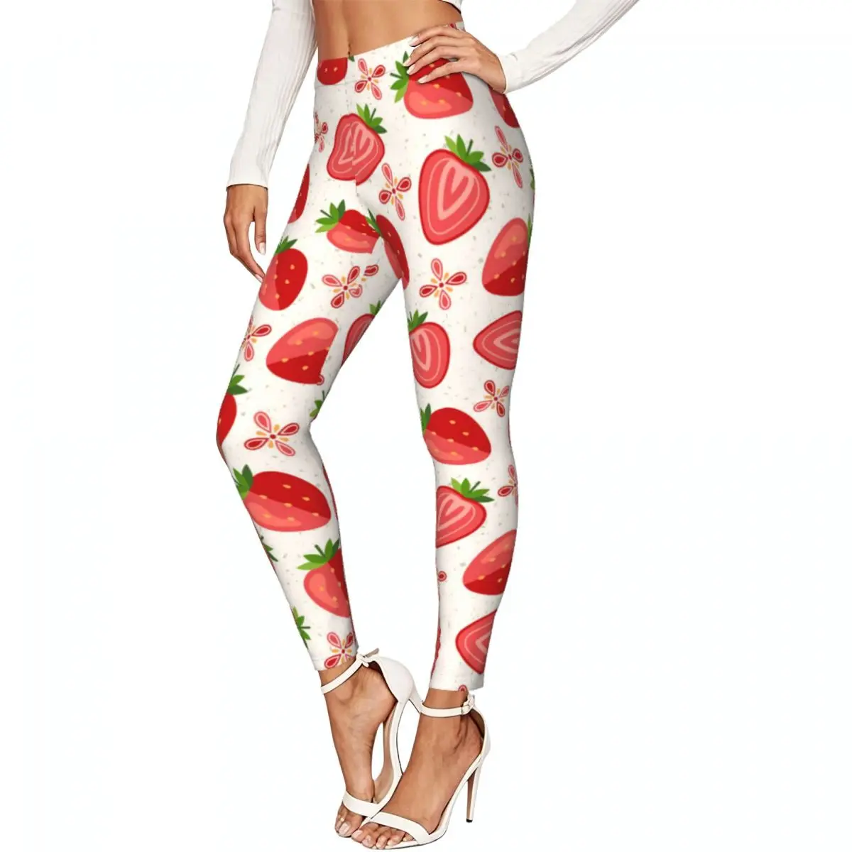 Women High Waist Elastic Leggings Strawberries And Slices Slim Fit Stretchy Pants Casual Wear