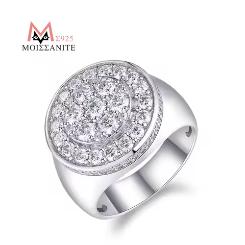 JIUZUAN Full Moissanite Ring Round Clean 925 Silver 18K Gold Plated Hip Hop Pave Style Gift Comes with GRA Certificate