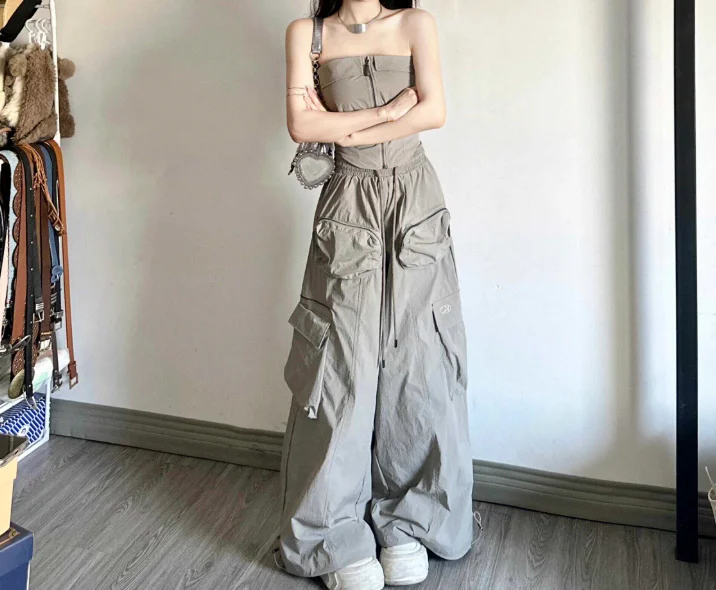 

Two Piece Set Women Outfit 2025 Summer New Off Shoulder Bandeau Zipper Top & High Waisted Pocket Casual Baggy Slacks Pants Set