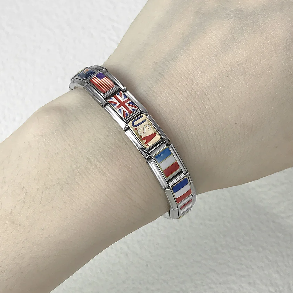 Trendy Enamel Stianless Steel World National Flag Italian Links Charm Fit 9mm Bracelet Hand Chain DIY Making Jewellry