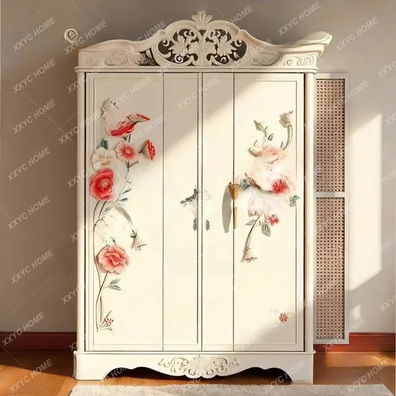 Vintage carved wardrobe white double door storage cabinet for home use