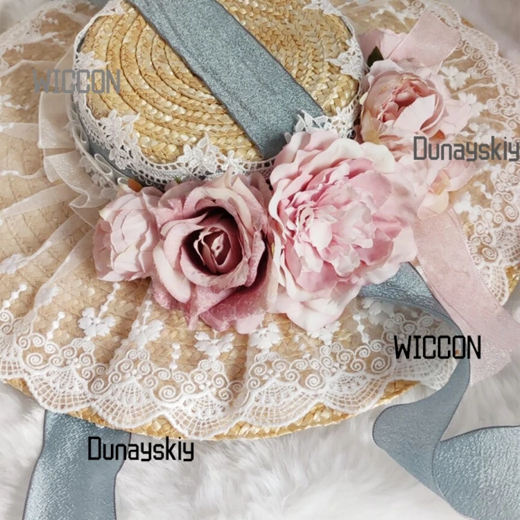 Пастельная соломенная шляпа Лолиты Cottagecore с цветочным принтом, французский капот с широкими полями, шелковые ленты, элегантная шляпа от солнца, фея Kei/косплей, Хэллоуин