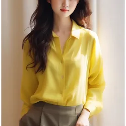 Camisa de acetato satinado para mujer, cuello de solapa, Color sólido, informal, oficina, combina con todo, Color amarillo, Primavera