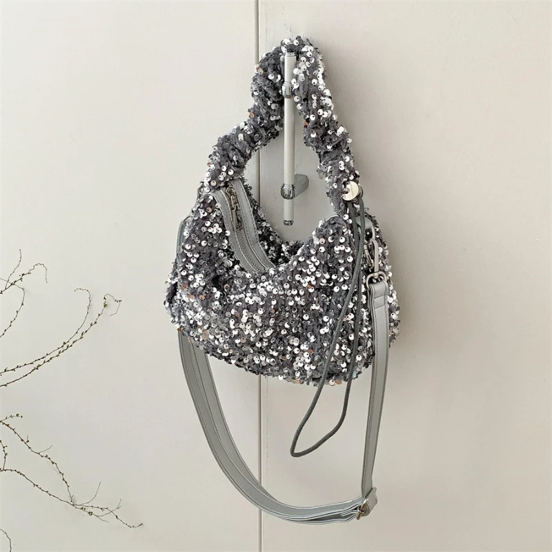 

Модные сумки в корейском стиле с блестками и верхней ручкой, стильные и универсальные сумки через плечо с дизайном в виде складок, летние сумки-кроссбоди.