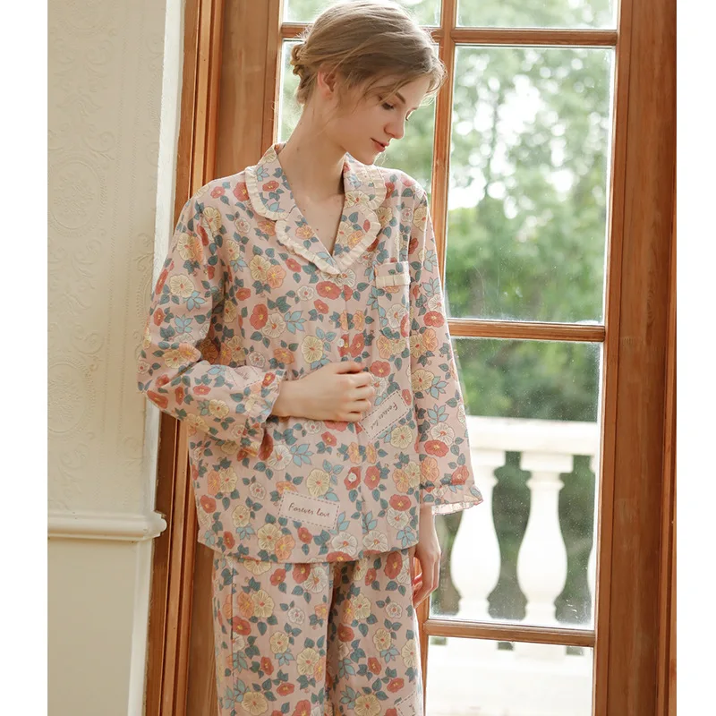 100% Cotton Pajamas Women Autumn Cardigan Two Piece Suit Long Sleeve Home Clothes Floral Sexy Sleepwear Nightwears for Ladies