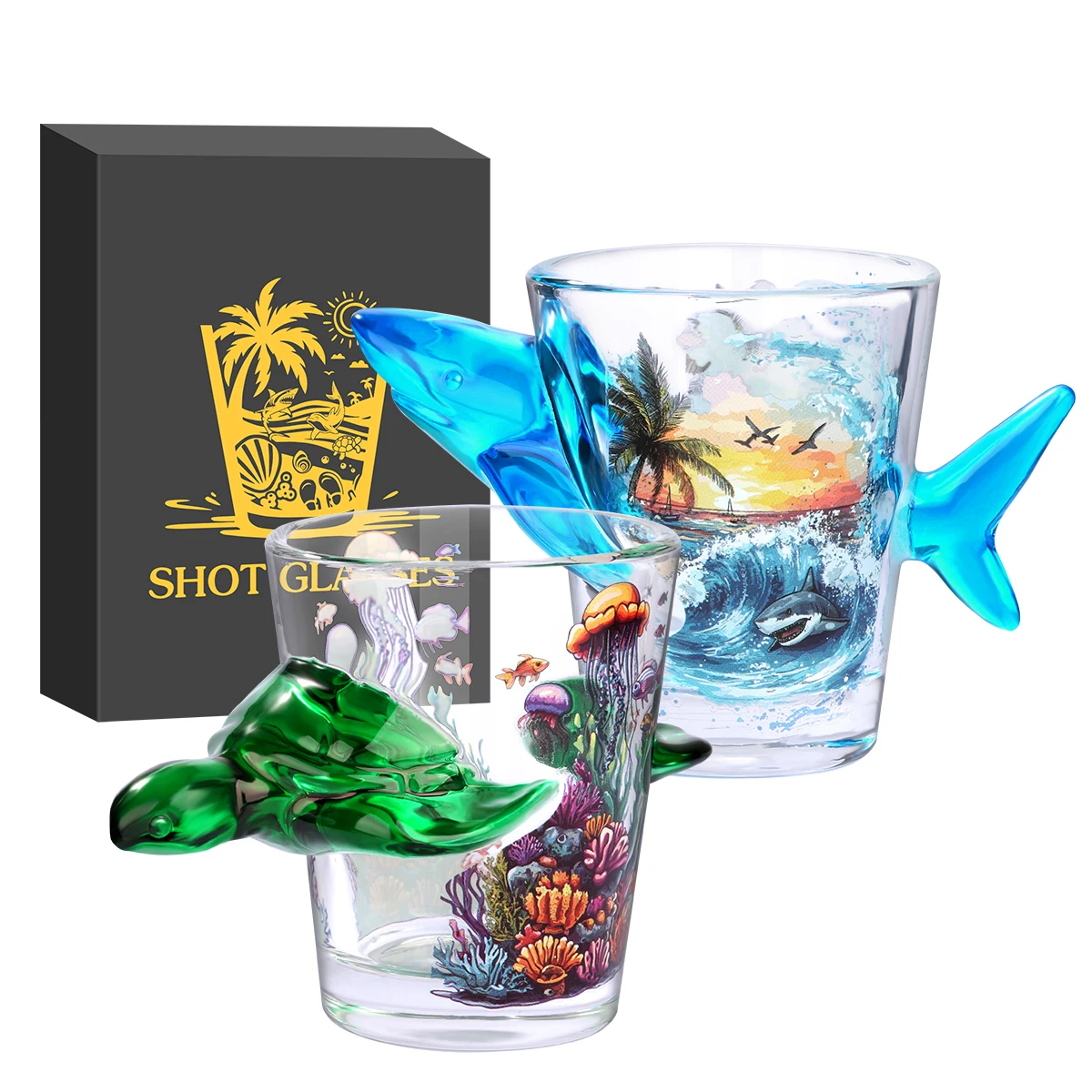 

Unique Ocean Design Shot Glasses Shark/Turtle Pattern Shot Glass 50ml Liquor Whiskey Glass Bar Party Drinkware Gift Set for Men