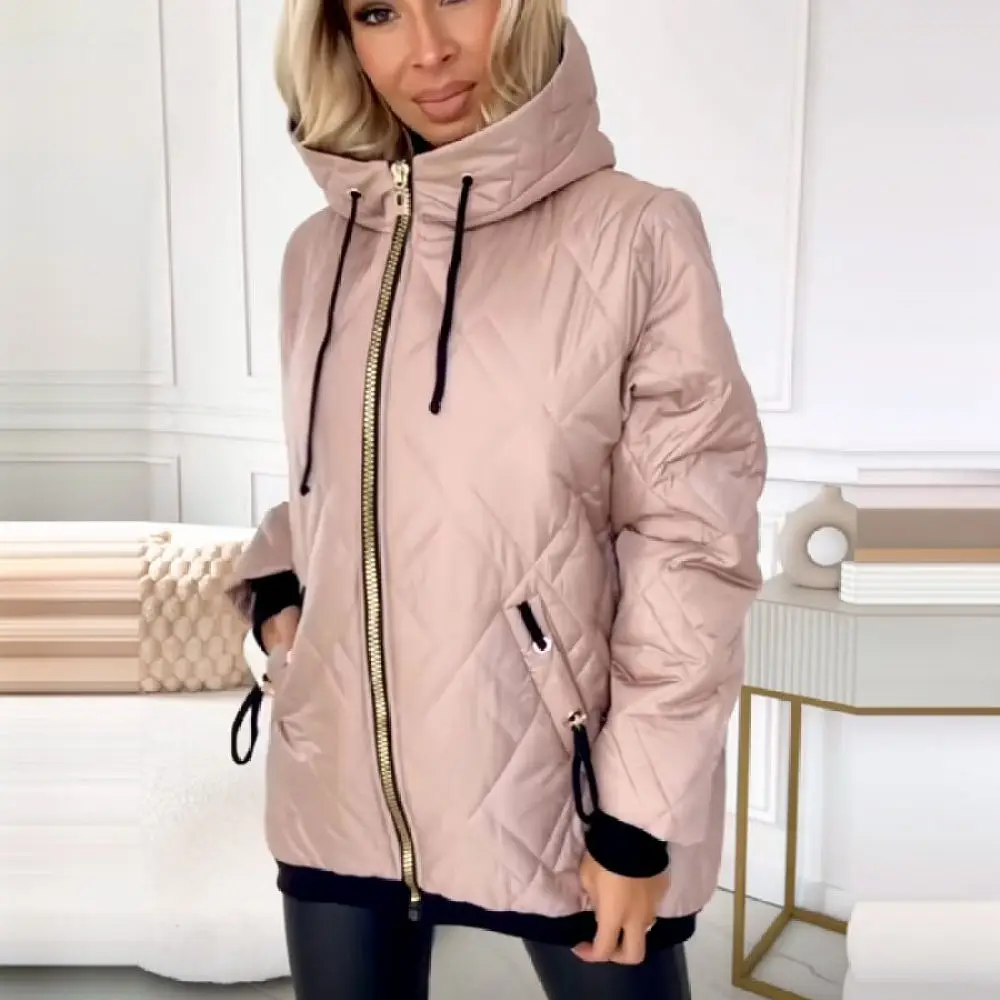 Womens Cotton Padded Jacket Autumn Winter Hooded Solid Color Zip Up Long Sleeve Casual Parka Warm Stylish Clothing Outerwear