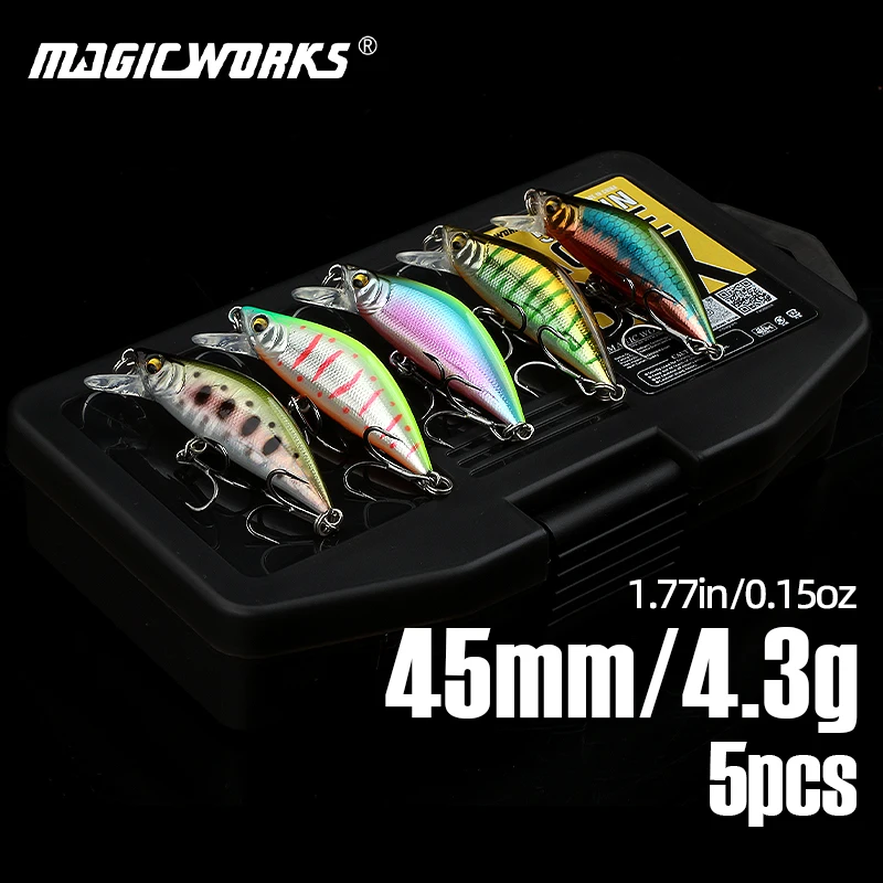 

Magic Works 5pcs per Set Fishing Lures 45mm 4.3g Minnow Hard Baits Bass Carp Wobbler Jerkbait Sinking Artificial Bait Lure Box