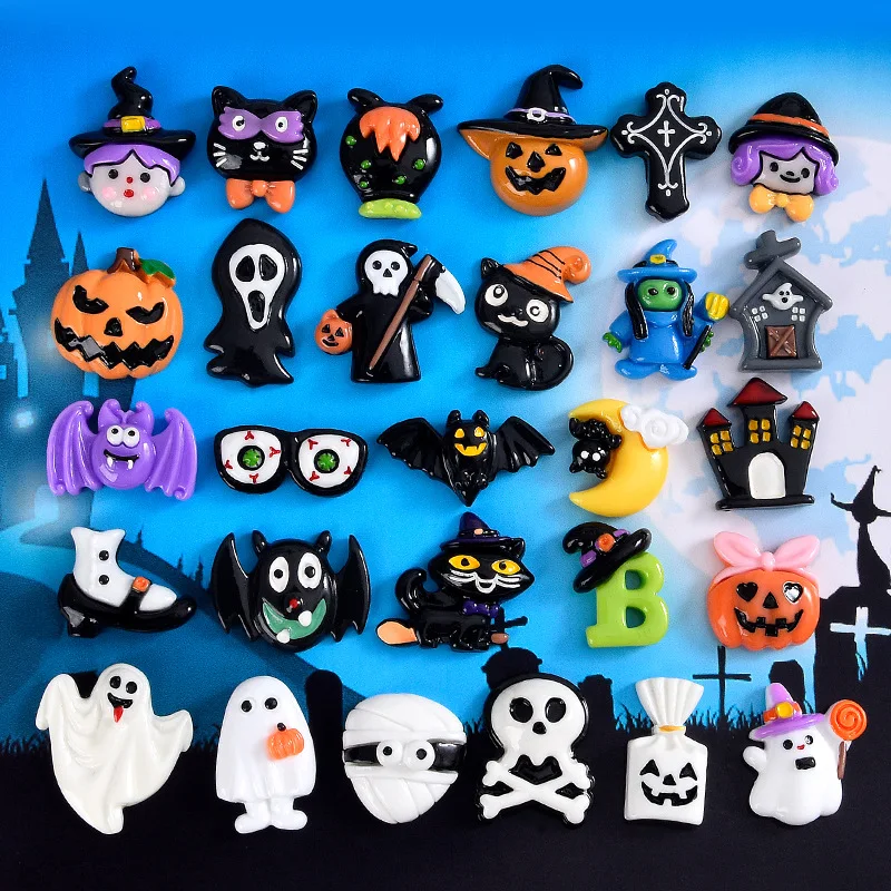 20pcs Mixed Halloween Charms Cute Resin Ghost Pumpkin Bat Skull Cabochons Flatback for Scrapbook DIY Jewelry Making Accessories