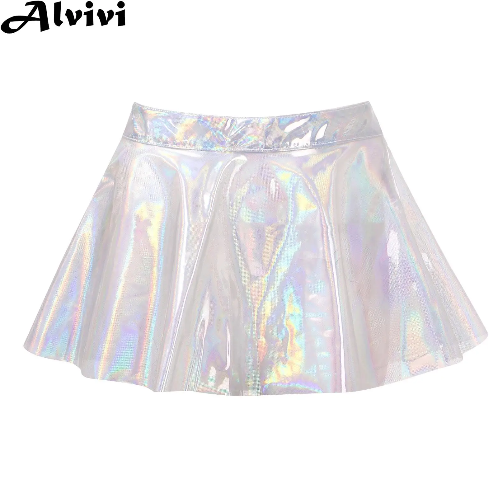 

Women See-through Flared Mini Skirt Club Rave Party Pole Dancing Costume Glossy High Waist Zipper Dance Skirt Clubwear Dancewear