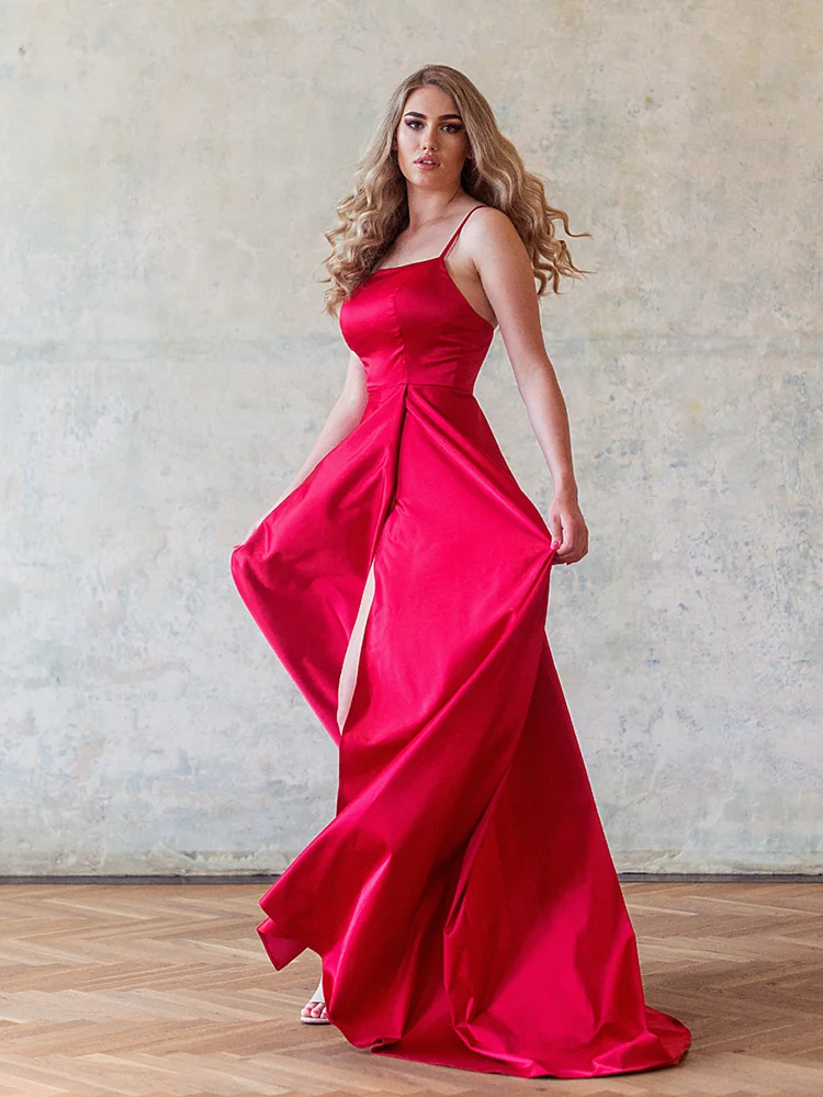 Jirocum Sexy Sweetheart Ball Dress A-line Open Back Satin Evening Party Formal Party Evening Gowns Simple Red Side Split Dresses