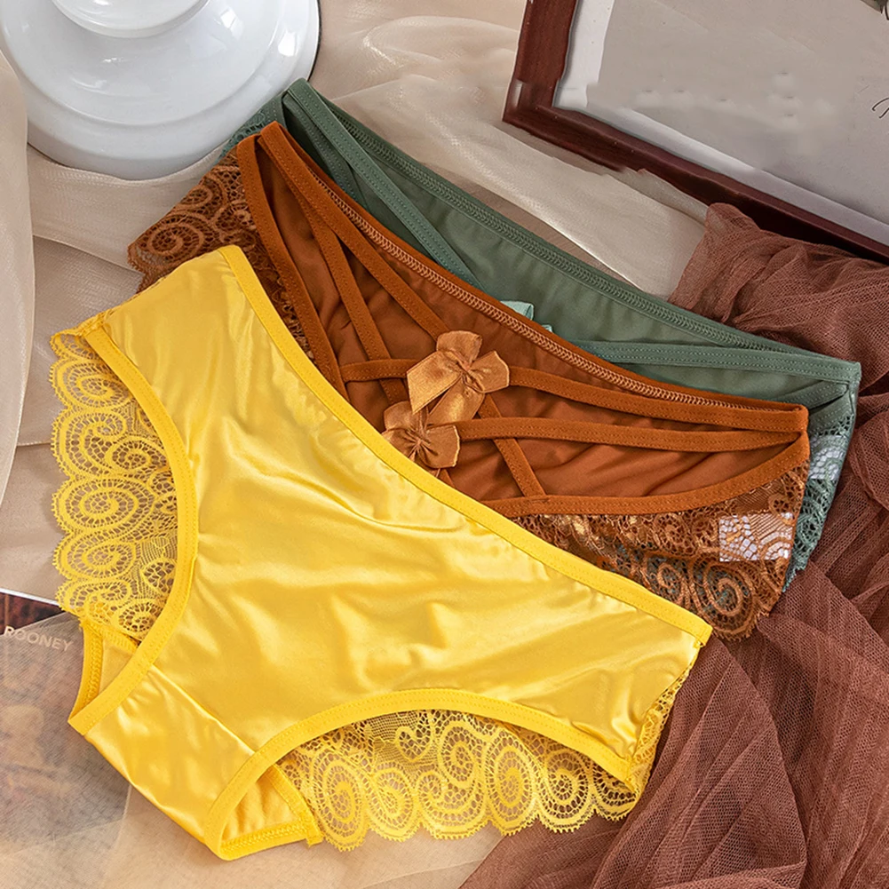 

Sexy Lace Women's Underwear Ice Silk Butterfly Flower Cross Strap Breathable Panties Hollow Underpants Solid Lingerie Briefs