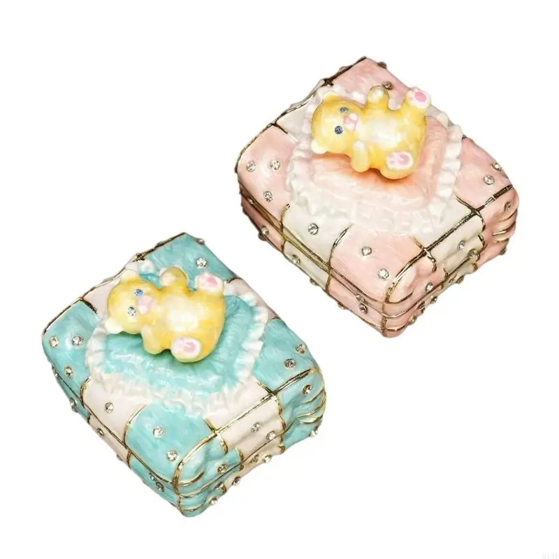 

91AF Elegant Enamel Jewelry Box Bear Figurine High Quality Alloy Lovely Bear Jewelry Container For Ring And Earring Storage