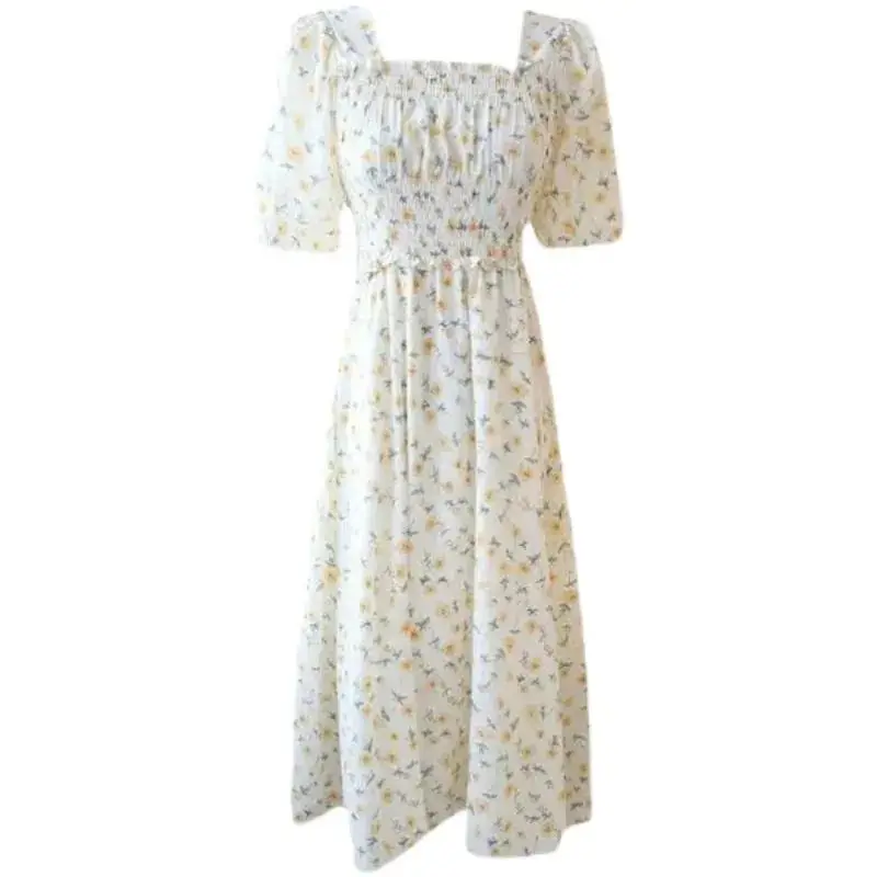 ฤดูร้อนมาใหม่ล่าสุดมีมาดเอวซับสัดส่วนเลดี้ฝรั่งเศสพัฟแขนชุดชีฟองลายดอกไม้ยาวถึงเข่ากระโปรงยาว