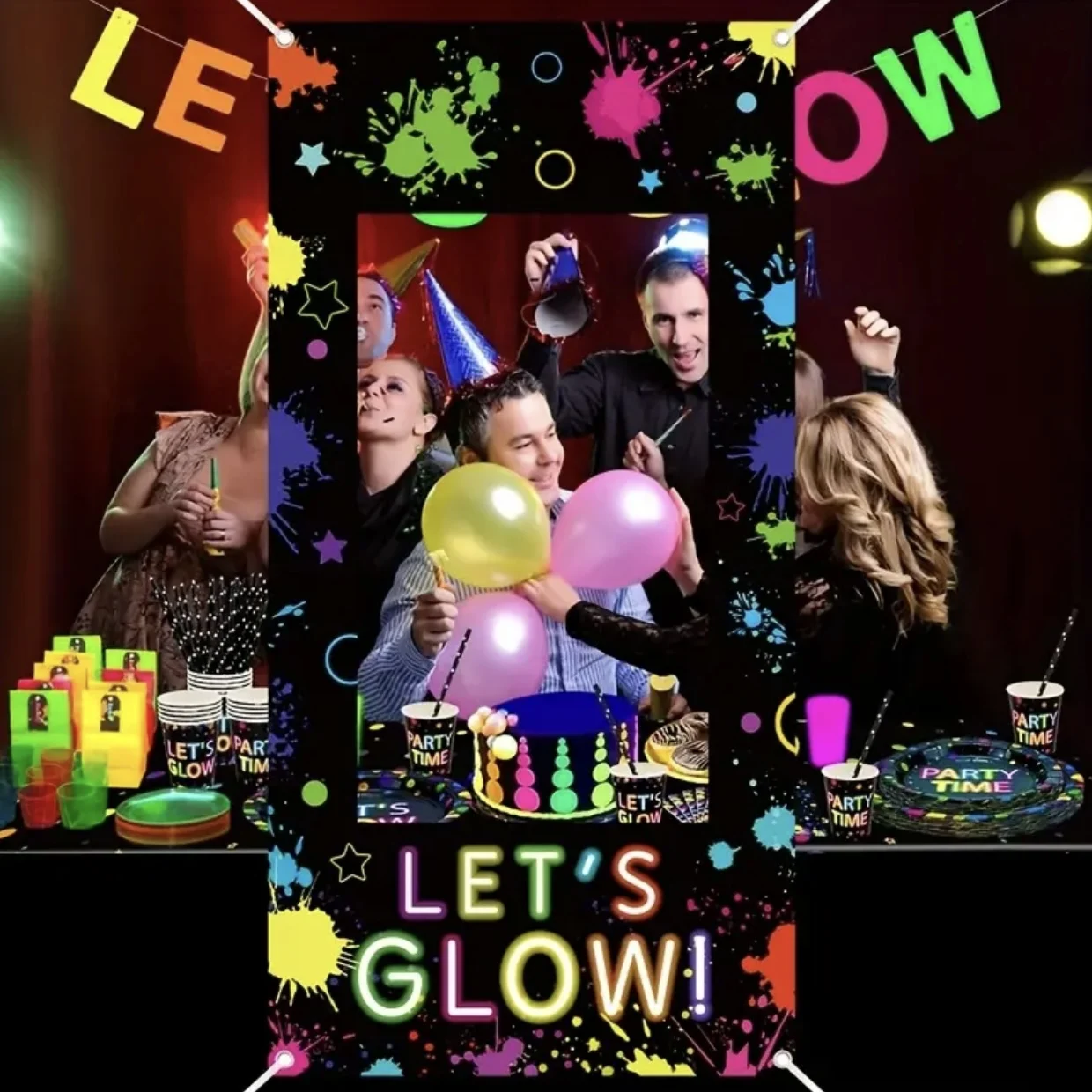 

Neon Let's GLOW Theme Party Decorations Backdrop Fluorescent Graffiti Hollow Photo Frame Props Birthday Party Supplies Banner