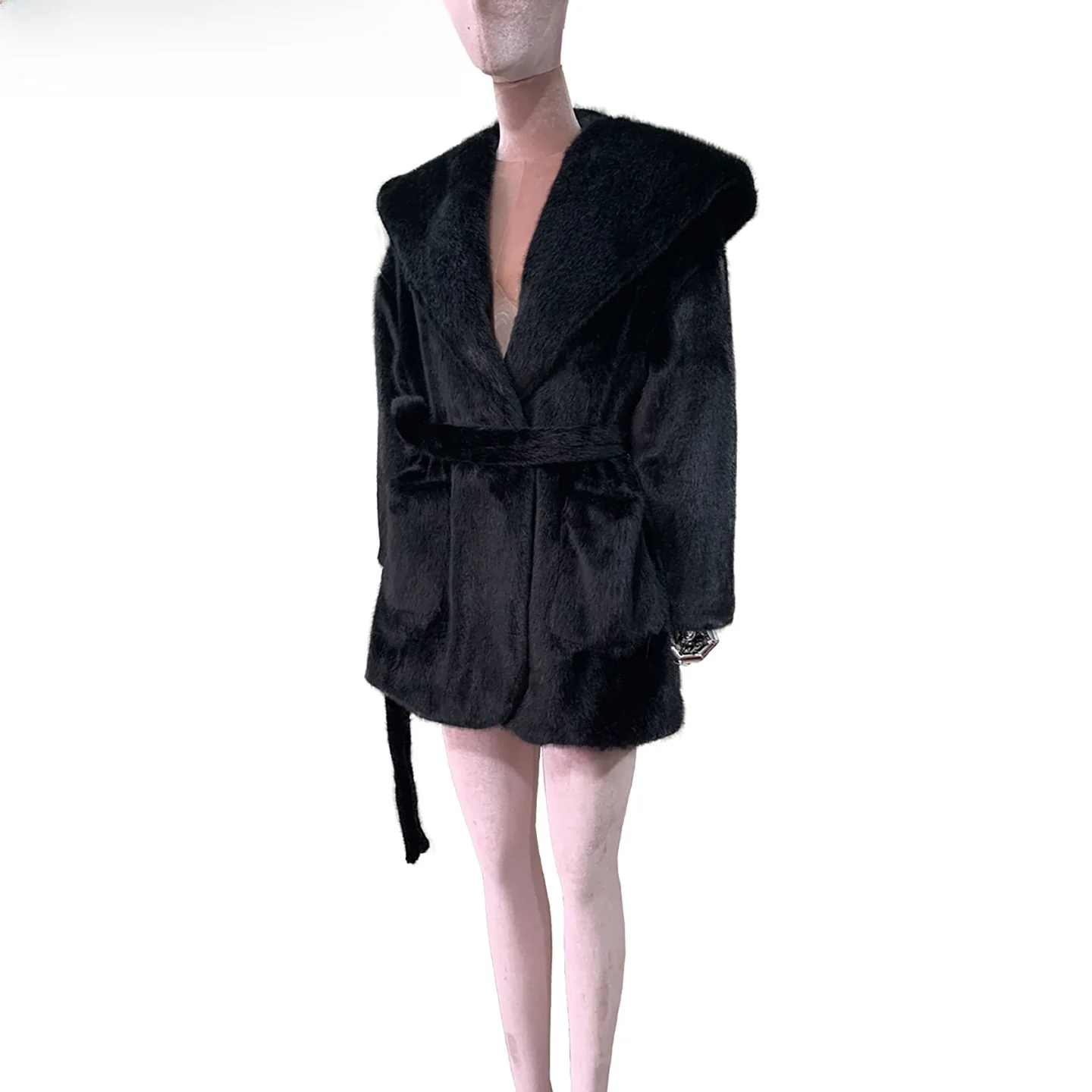 

Женское длинное пальто Ele Nerazzurri с капюшоном и поясом, из искусственного меха и экокожи, имитирующей норку, комфортная теплая верхняя одежда