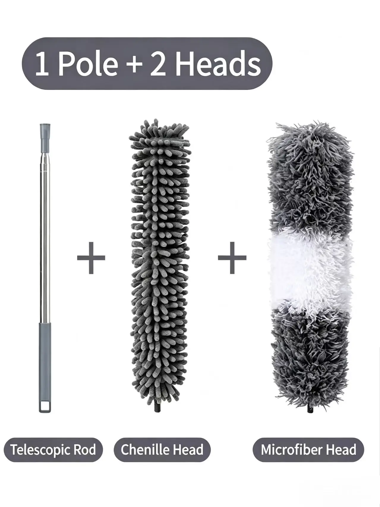 Household Telescopic Feather Duster with Single Handle Multi-Bristle Chenille Dusting Brush for Hard-to-Reach Areas Cleaning