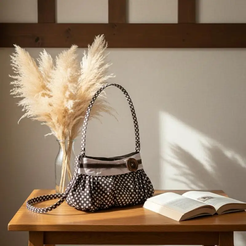 

Retro Polka Dot Underarm Bag Cute Pleated Cloud Bag Wooden Button-decor Handbag Casual And Versatile Commuter Shoulder Bag
