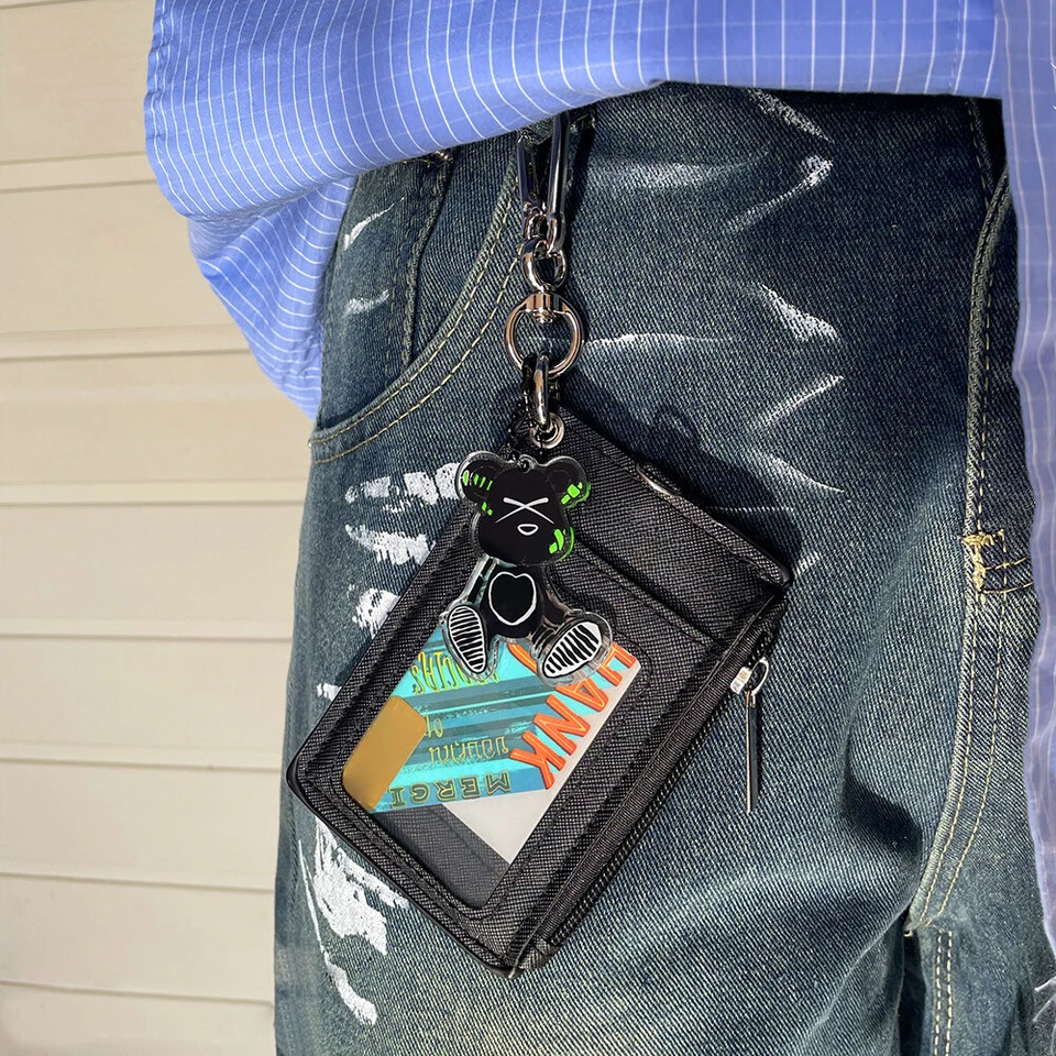 ID Card Holder Zipper Pocket 2 Sided 5 Cards Slots Keychain