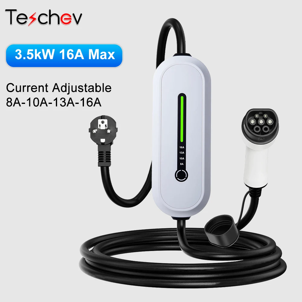 

3.5KW Type2 Portable EV Charger 16A 1Phase EU Plug EVSE Charging 8A-10A-13A-16A Current Adjustable Electric Vehicle Charging