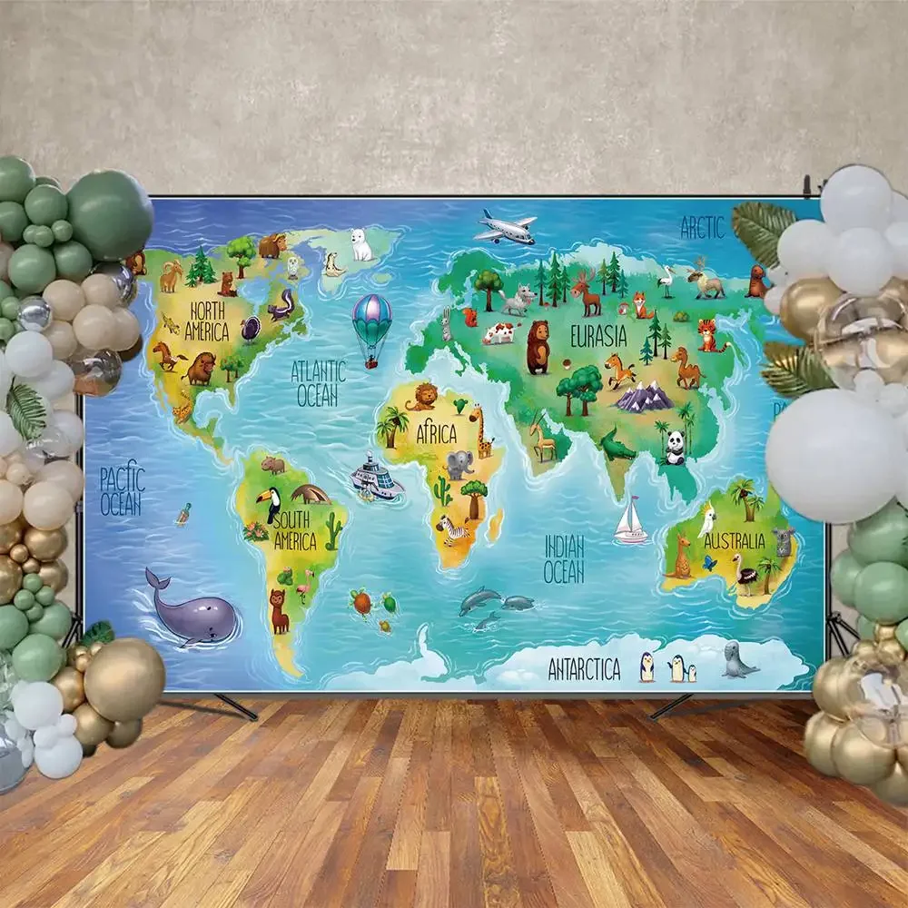 Baby World Map Backdrop Photography Birthday Decoration Custom Boys Ocean Shark Landmarks Wild Animals Party Photo Backgrounds