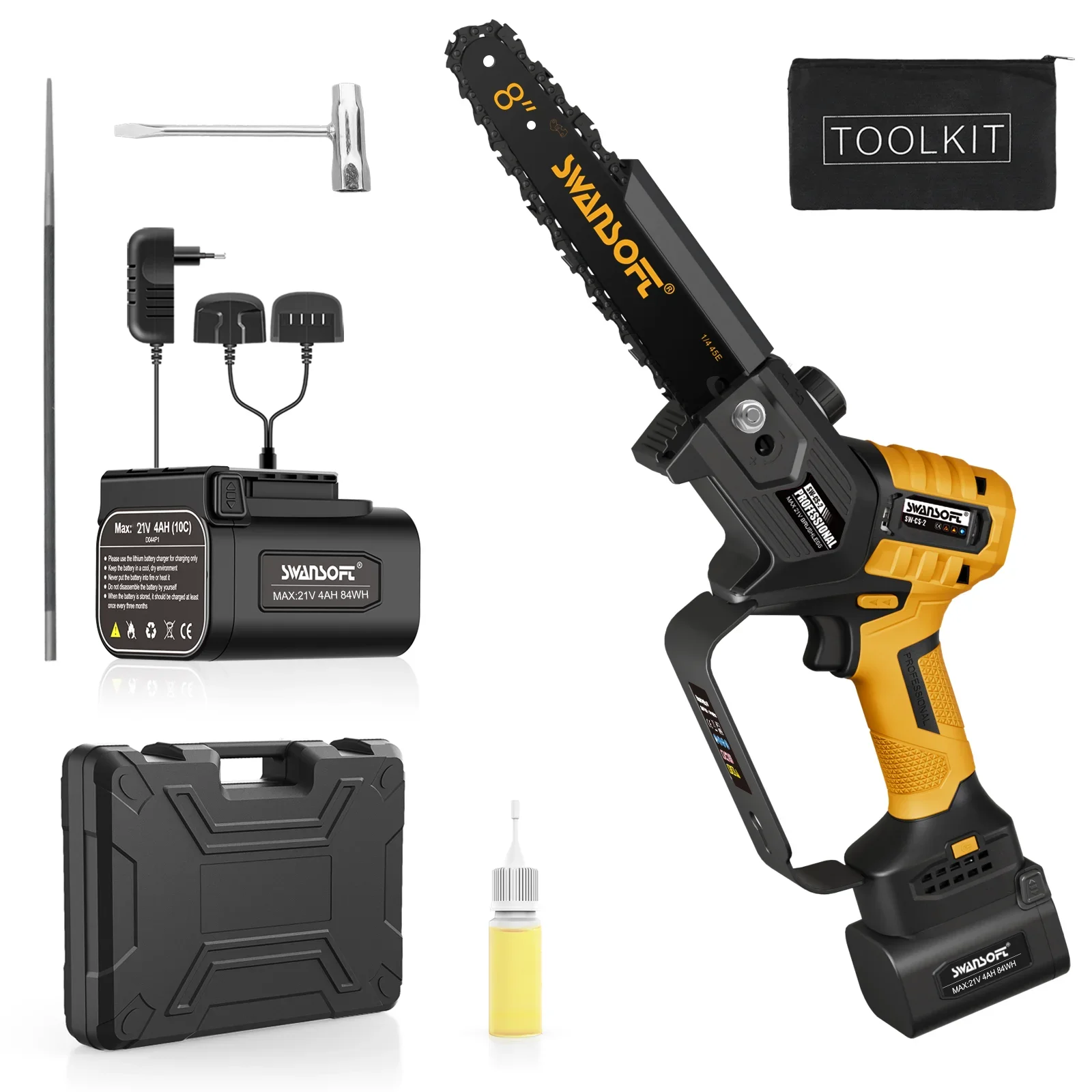 SWANSOFT CS-2 Brushless Cordless Chainsaw 8 Inch, Handheld Chainsaw Cordless Chainsaw for Wood Cutting,Tree Pruning & Garden