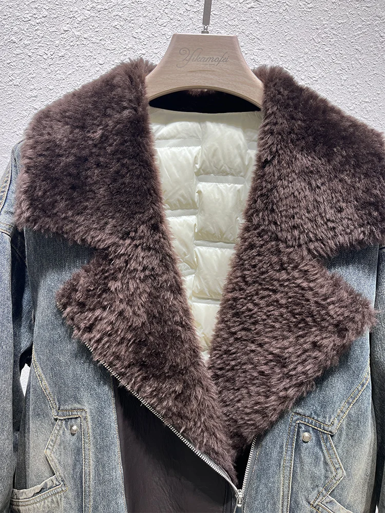 2025年女性用冬物天然メリノ羊毛襟付きダックダウンジャケット、スイートスタイル高級婦人コート、ストリートウェア