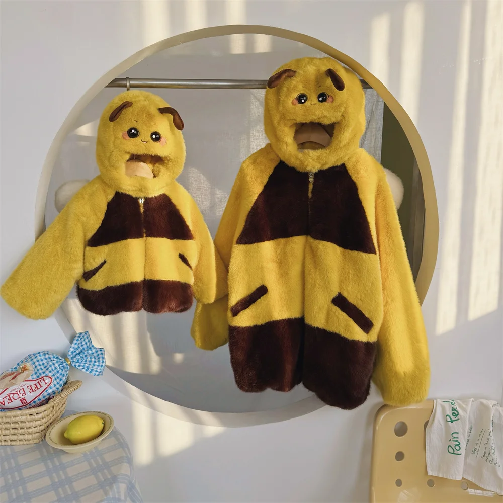 

Parent's High-End Jacket Family Clothes Thick Bee Fur Parent Floral Spring Design Winter Coat