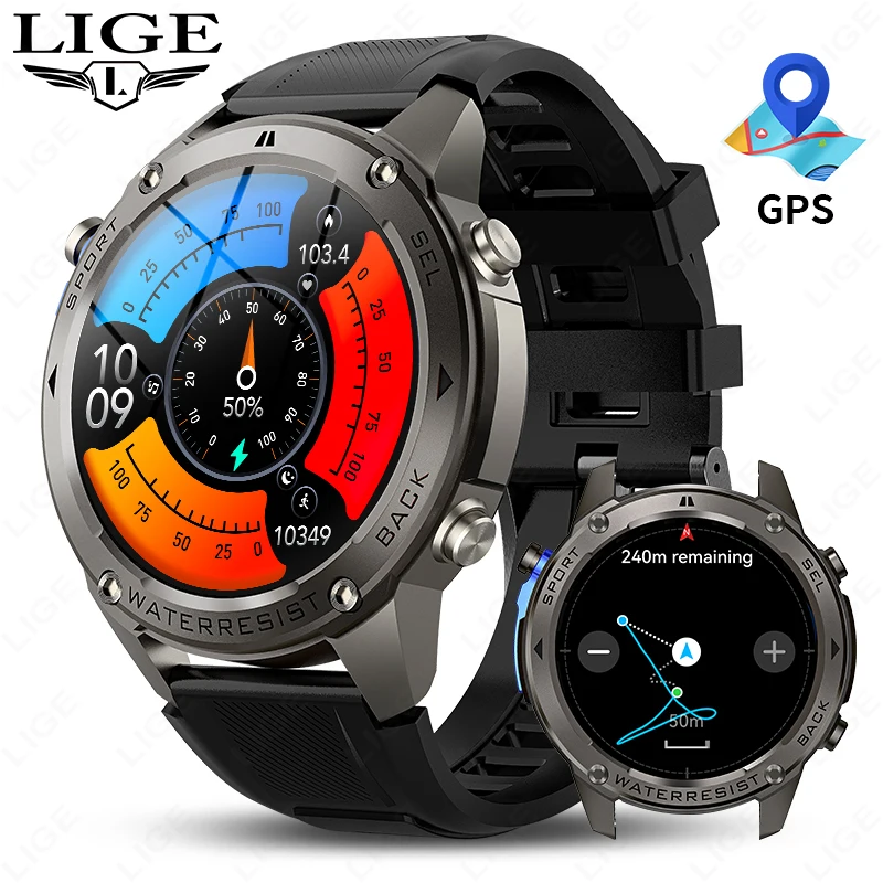 

Умные часы LIGE 5ATM с AMOLED-экраном 1,43 дюйма, голосовыми вызовами, для занятий спортом на открытом воздухе, водонепроницаемые, с батареей 500 мАч, GPS, для мужчин.