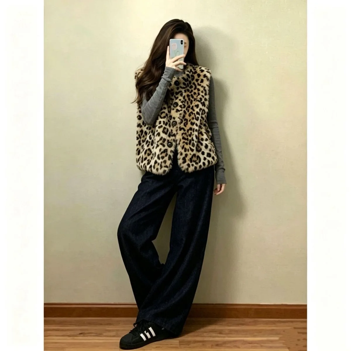 Elegant Women's Leopard Print  Fur Vest Fashionable Sleeveless Shoulder Pad Jacket High Quality Autumn Outerwear