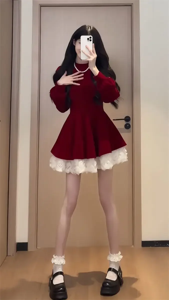 Vestido de Navidad de terciopelo que se pega a la cintura para mujer Otoño Invierno dulce rojo vestido largo antienvejecimiento cuello redondo manga completa hasta el tobillo