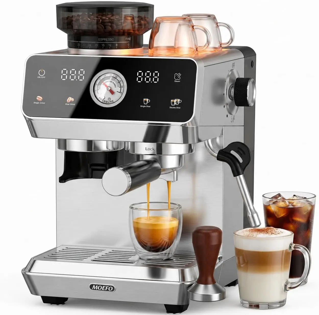 Espresso Machine Grinder 20Bar Programmable SemiAutomatic Coffee Maker Visual Pressure Gauge Touchscreen Compact Design Tamper A