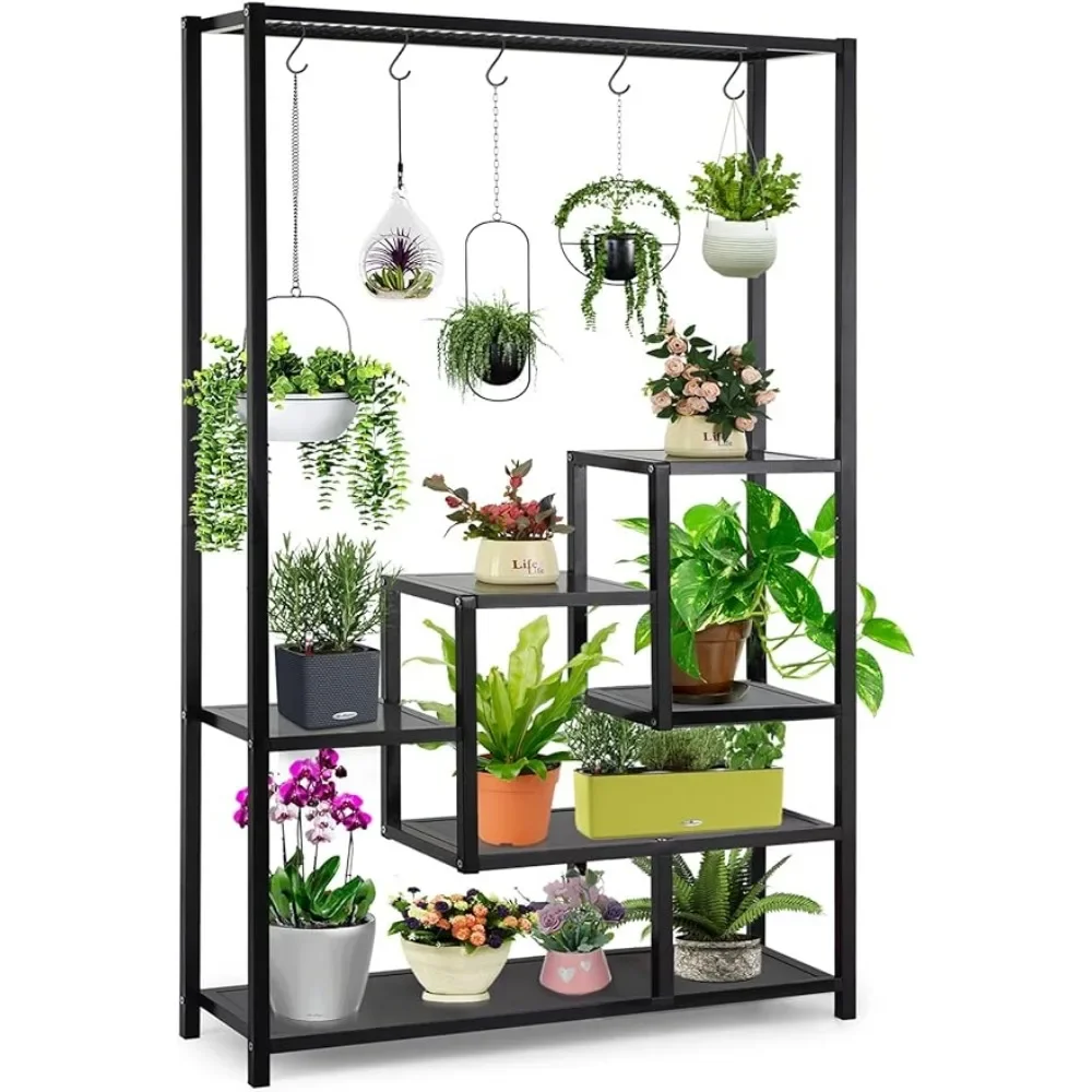 5 Tier Metal Plant Stand 70.9inch Tall with 6 Pcs Hanging Hooks, Flower Bonsai Pots Display Rack for Living Room Balcony Patio