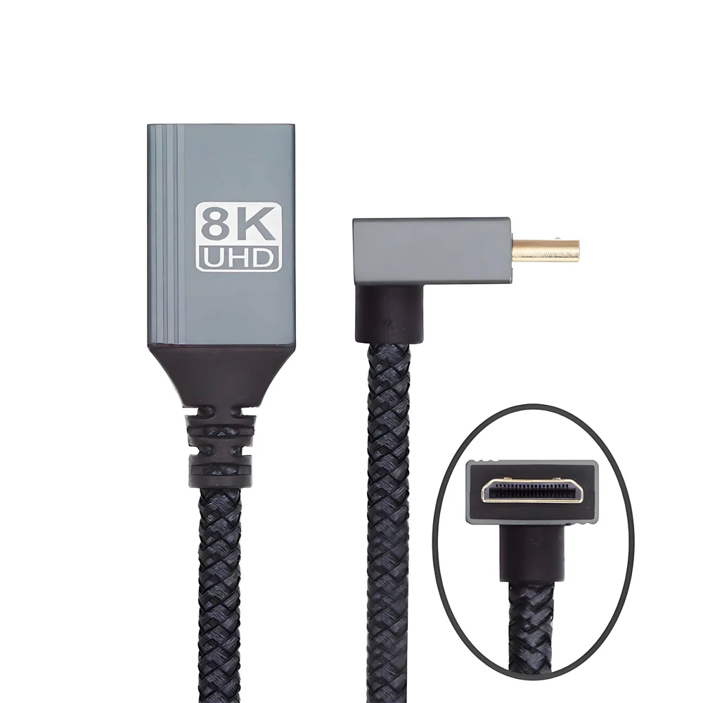 CY 8K Type-C Mini HDMI 2.1 Male 90 Degree Up Angled to HDMI Female Extension HDTV Cable for DV Camera Laptop Portable Monitor