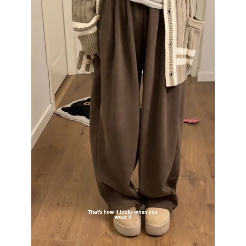 Pantaloni casual foderati in Fce a vita alta Pantaloni a gamba larga da donna Autunno Inverno Allentati Confortevoli Caldi Taglia piccola Drappeggiati Dritti L...