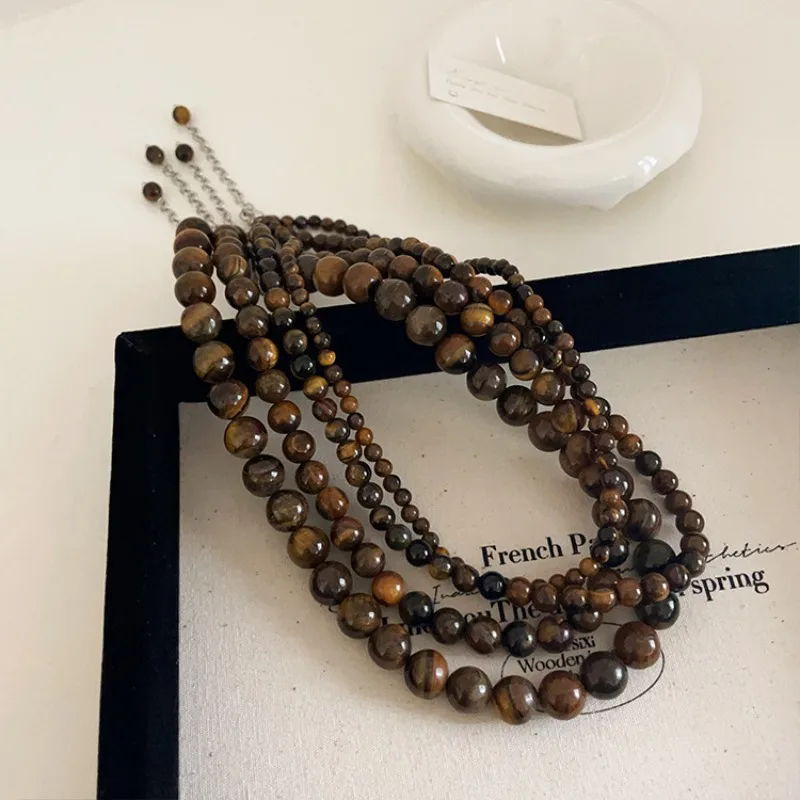 Minar Vintage 4 6 8 10mm Natural Stone Tigereye Strand Beaded Necklace for Women Femme Silver Plated Chain Chokers Sweater Chain