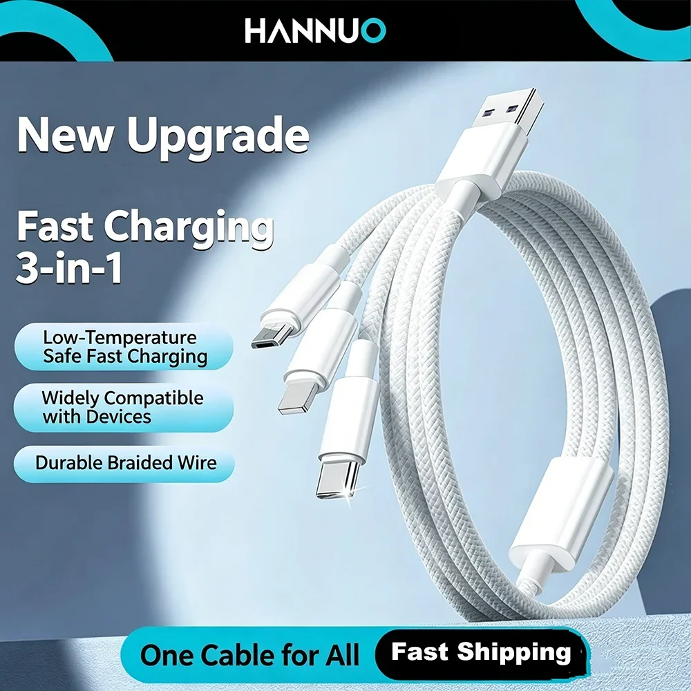 Cable de Carga Rápida USB Tipo C 3 en 1, Cable de Datos Multipuerto para Teléfono con Carga Rápida para iPhone 17 16 Xiaomi Huawei, Cable USB C PD