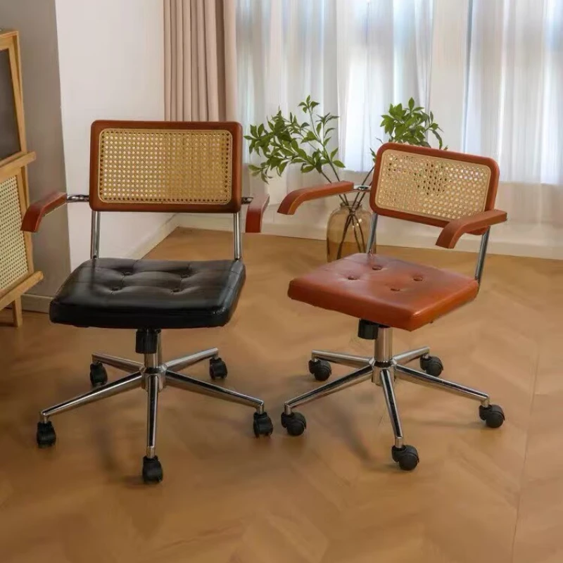 Retro Rattan Solid Wood Office Chair Internet Celebrity Rattan Leather Computer Chair Home Lift