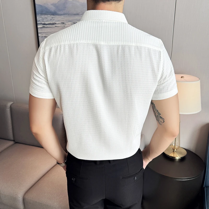 Thin Waffle Shirt, Non-Ironing Business Slim Shirt, Men\'s Short Sleeve Shirt Brown,Exquisite Business Short-Sleeved Shirt