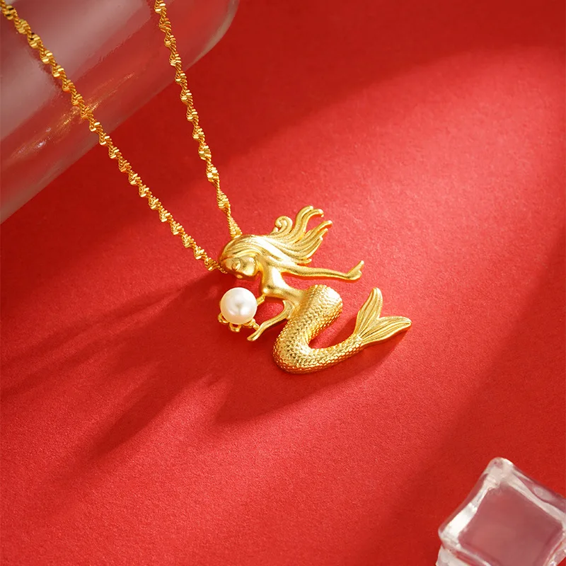 

Luxury 24K 9999 Pure Gold real gold Women's Mermaid Pendant All-match Necklace Clavicle Chain