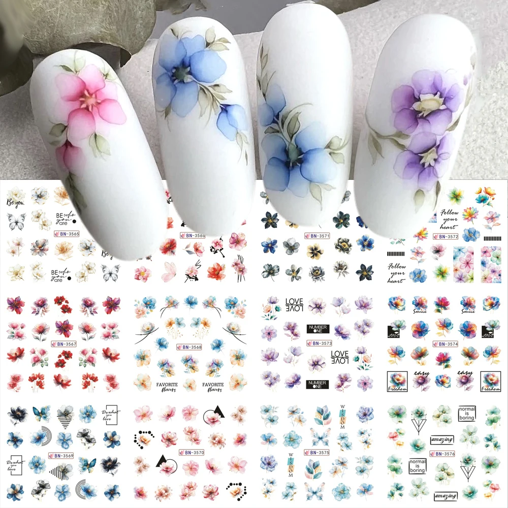 Autocollants pour ongles, 12 modèles de fleurs à encre, transfert d'eau, décalcomanies, Patchwork, animaux, ours, curseurs d'ongles pour femmes, décorations de manucure à faire soi-même