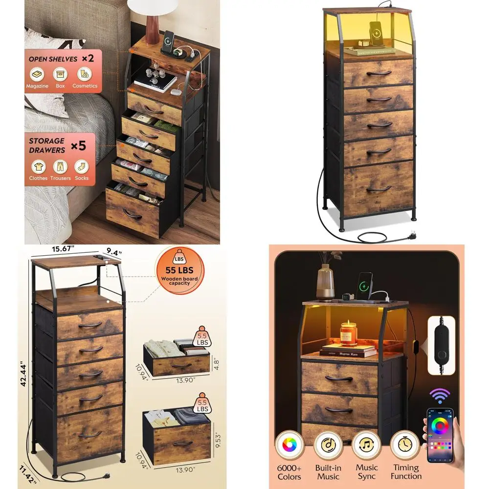 

Прикроватная тумба с зарядной станцией и LED-подсветкой, тканевые выдвижные ящики (5 шт.), высокая тумба с открытыми полками, прикроватные столики в деревенском стиле, коричневые, для Livi