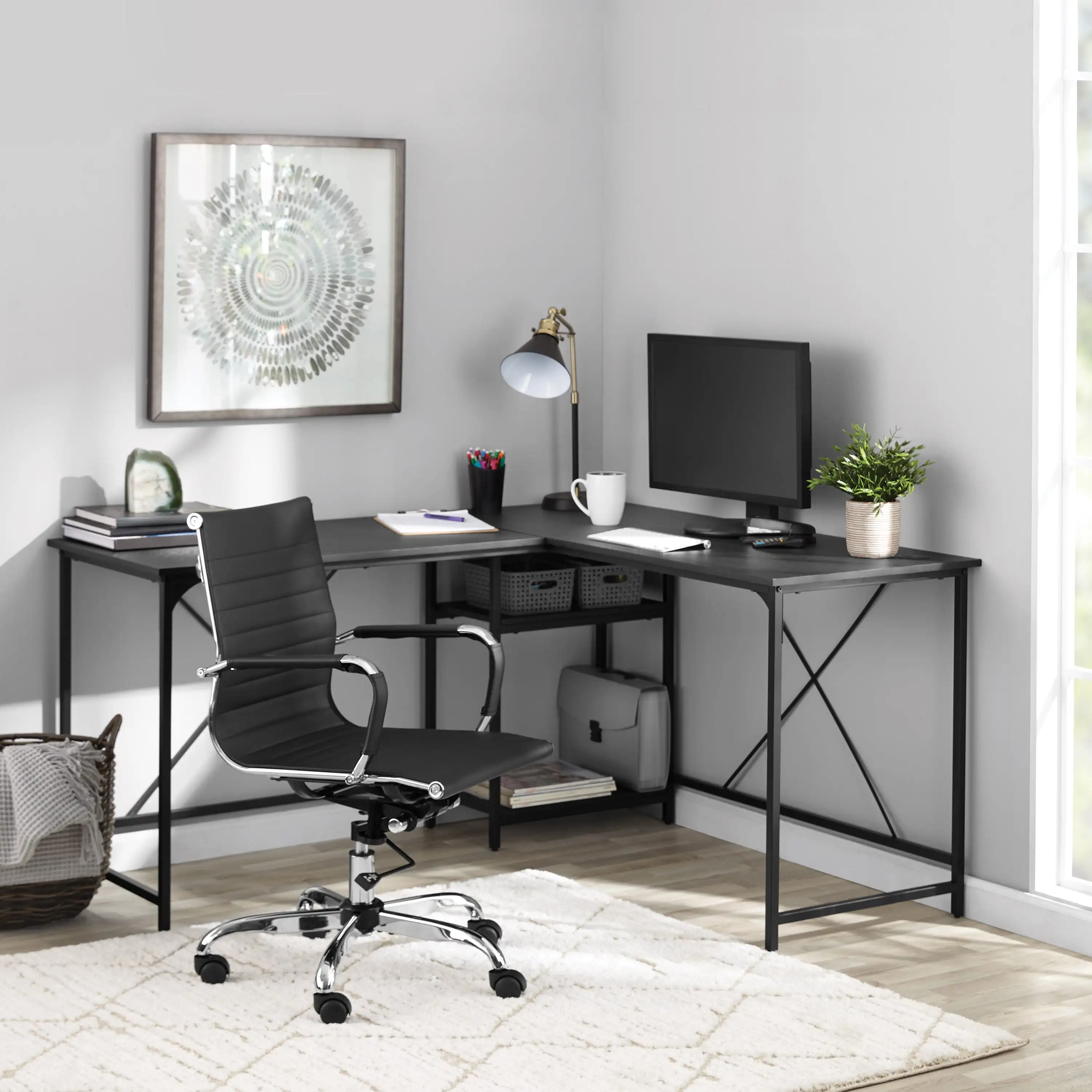 

Two-Way Convertible Desk with Lower Storage Shelf, Black Wood Grains Finish and Black Metal Frame Office Desks