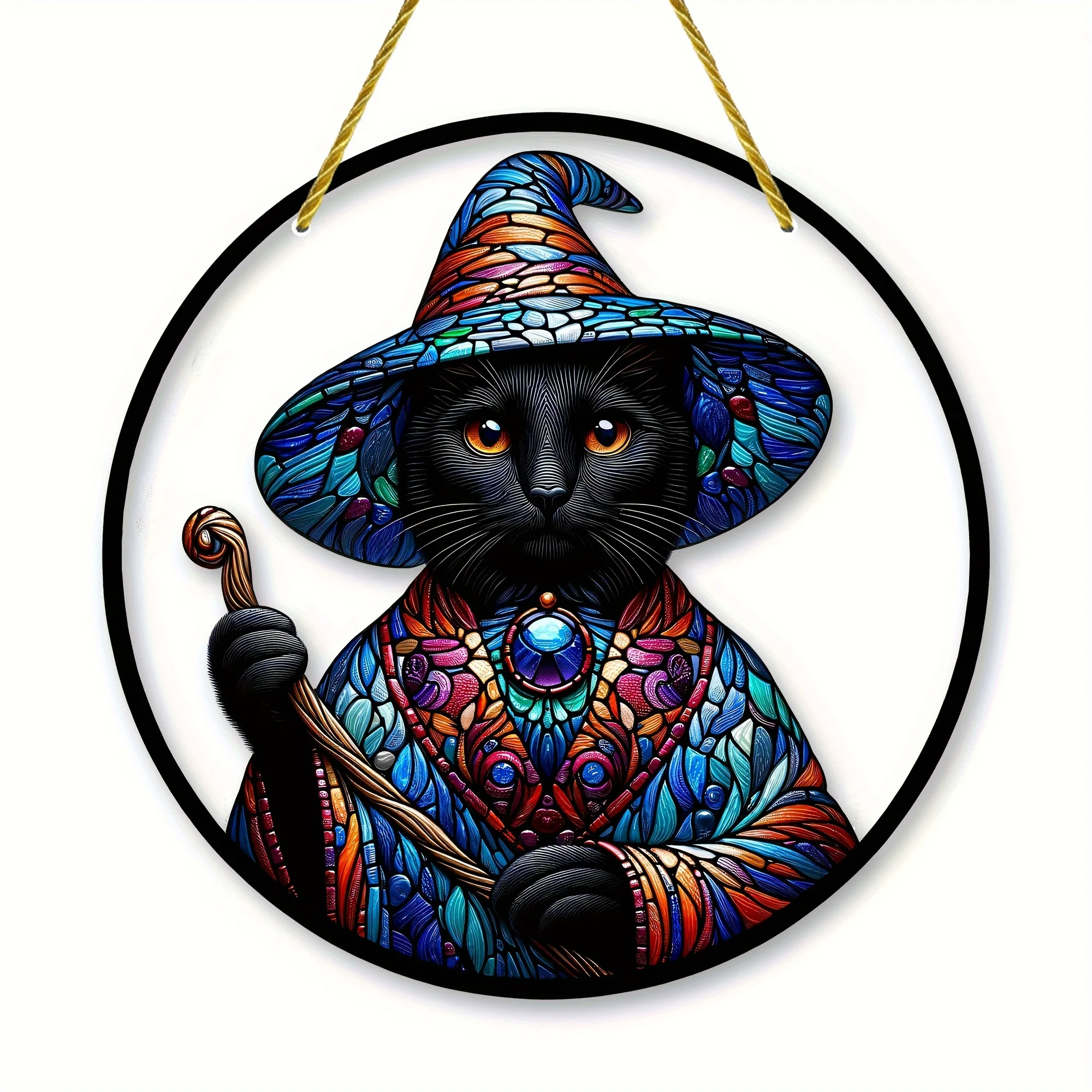 Halloween black cat wizard catcher, stained glass style window pendant, home office decoration, Halloween decoration gift ideas