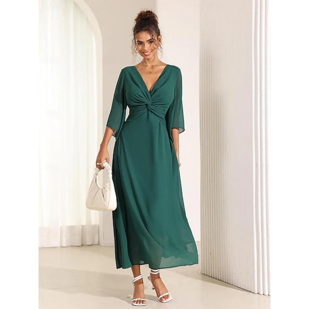 

Elegant Women Gowns V Neck Flare Sleeve Dress A Line Ankle Length Simple Illusion Mother Dresses Robes Invitée Mariage 2024