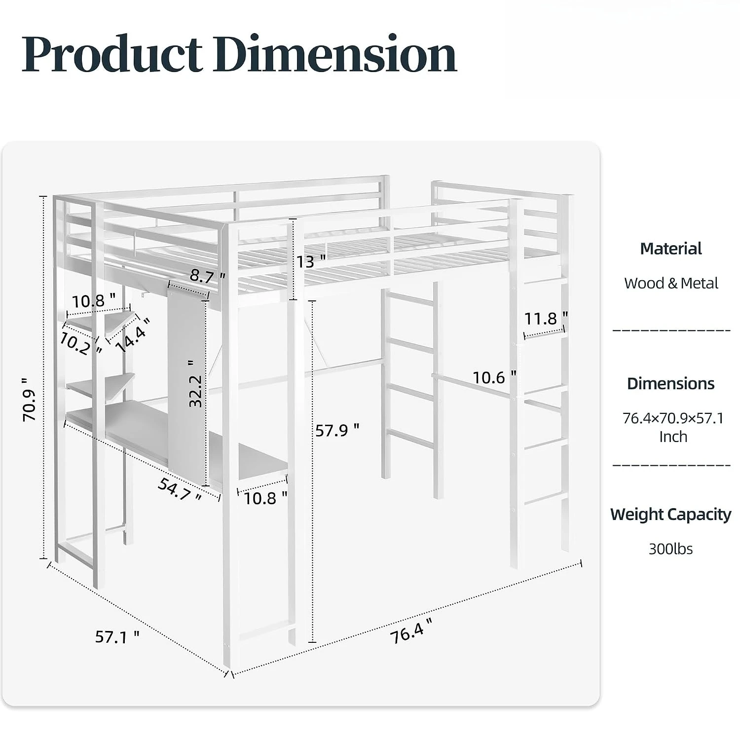 Metal Loft Bed with Desk, Full Size Loft Bed with 2 Built-in Ladders & Safety Guard, Noise Free for Small Bedroom,, Customized