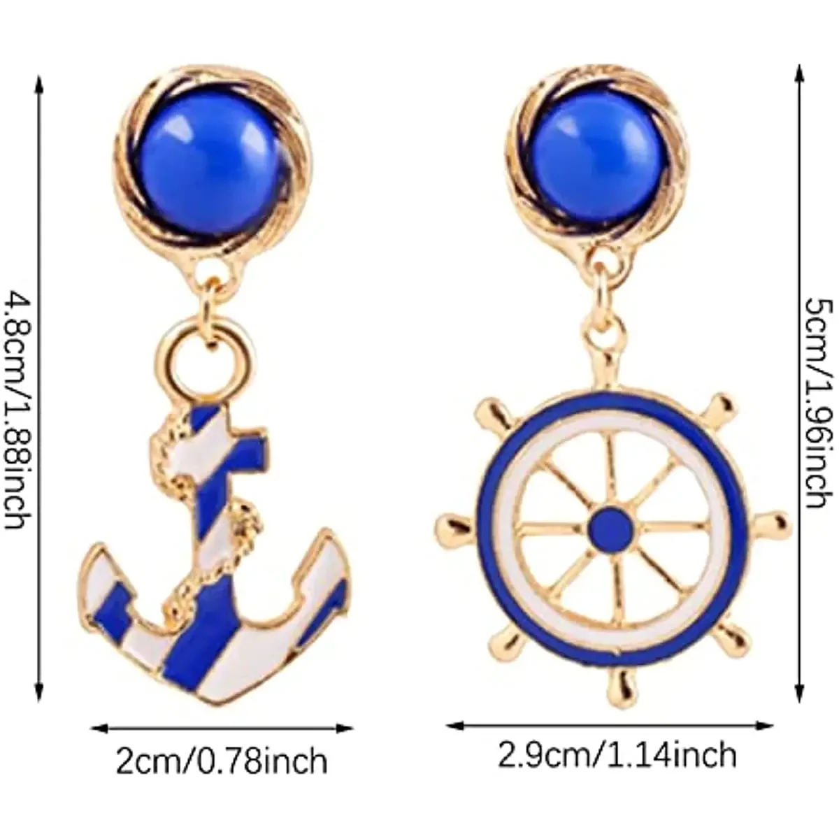 Navy Nautical Ship Wheel Anchor Stud Earrings Asymmetry Blue Enamel Wind Boat Anchor Dangle Earring for Women Girl Jewelry