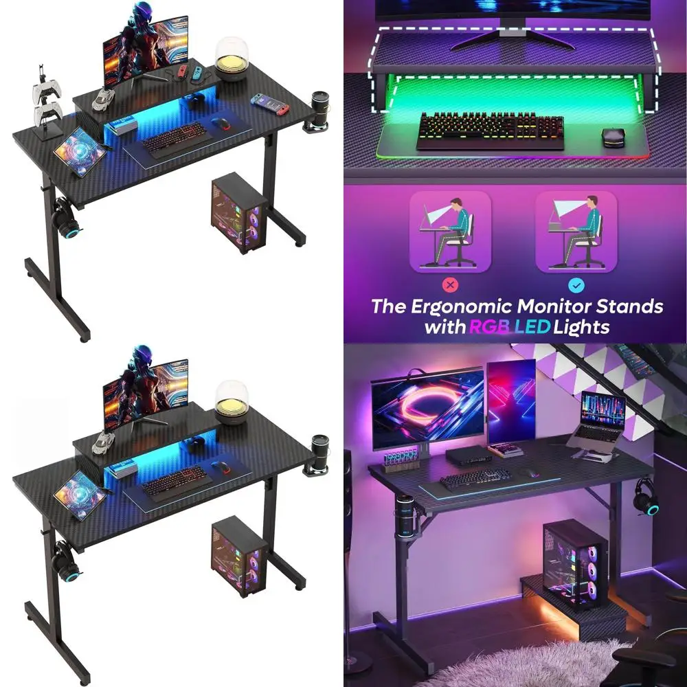 

42 inch Gaming Desk with LED Lights, Small Computer Gaming Table with Monitor Shelf, Gamer Desk with Headphone Hook, Kids Boys C
