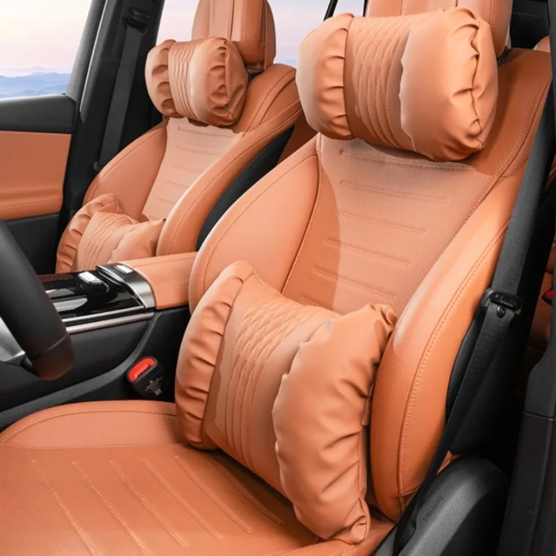 Nappa Leather Car Headrest Neck Pillow Lumbar Waist Support Cushion Soft Comfortable Seat Pillows Car Interior Rest Accessories